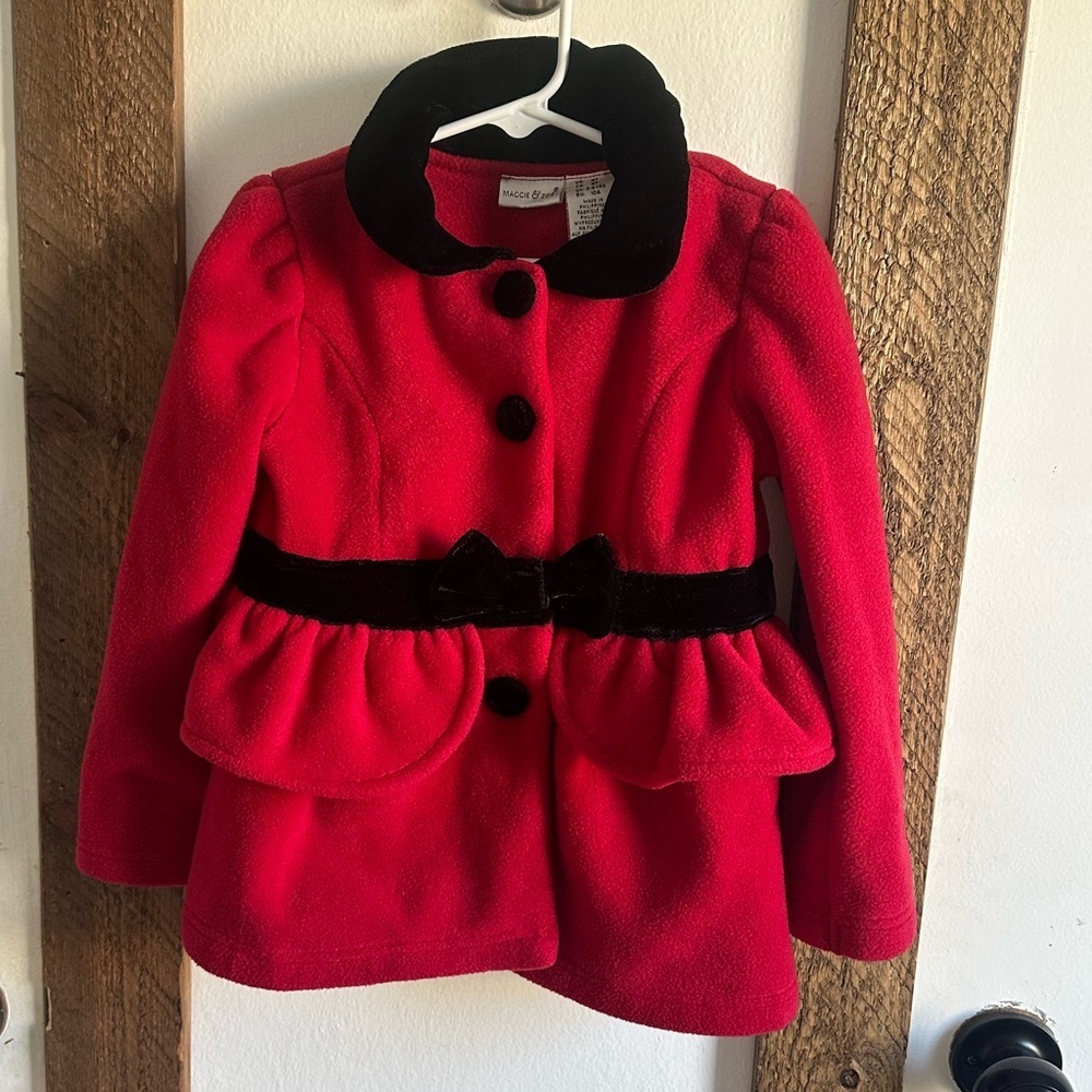 Maggie & Zoe 4T Girl Red Black Fleece Velvet Formal Coat EUC